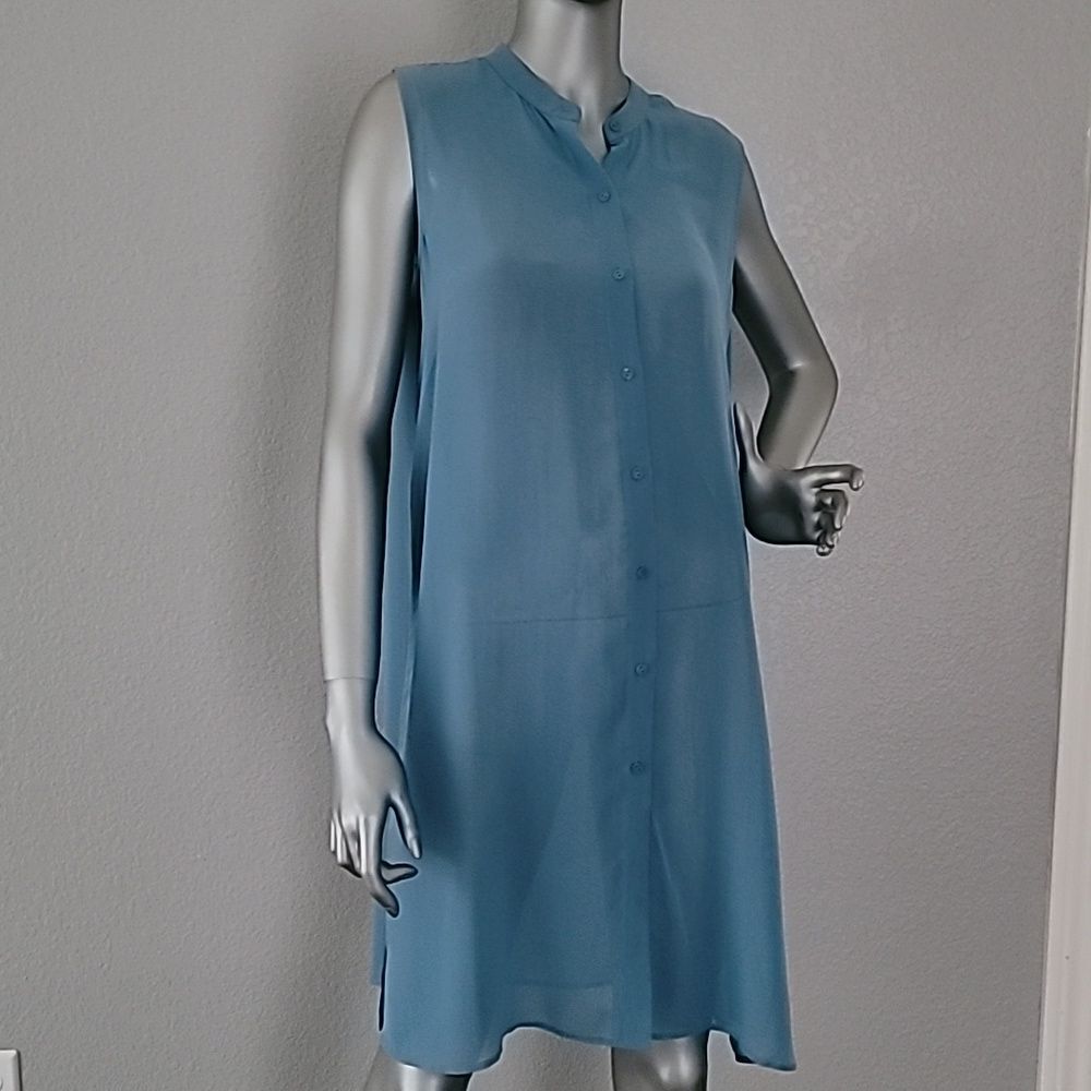 Eileen Fisher Sheer Silk Georgette River Mandarin Collar Long Shirt Top  XS